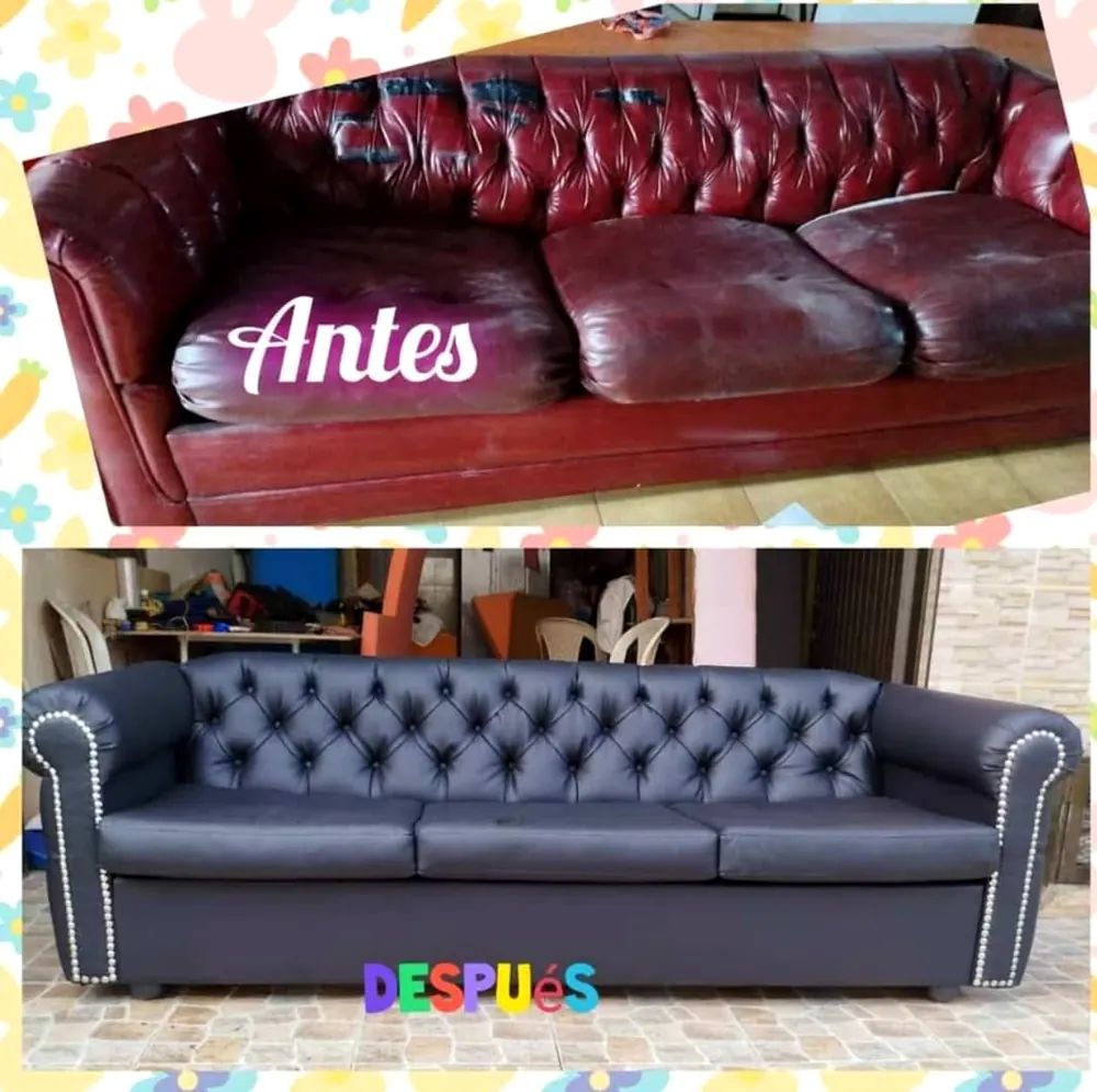 Antes y después: sofá de cuero rojo gastado restaurado en capitoné azul